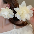 Elegant large cream-colored fabric flower drop earrings with multi-layered petals for women - 24# Silver Needle - Pale Yellow