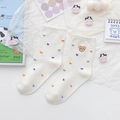 Cream crew socks with colorful heart prints and cute brown bear embroidery detail - One Size / Embroidered Bear