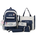 5-piece navy and cream school backpack set with cute plush bear and aesthetic charms - Five-Piece Set / Dark Blue