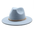 Close-up of light blue wool fedora hat featuring a chunky gold metal curb chain detail - M (56-58cm) / Sky Blue