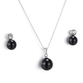 Silver-tone necklace and earring set with black spherical pendants and clear rhinestones - Black Pearl Style (KS132780-Z)