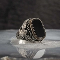 Vintage eagle relief signet ring with square black onyx stone and antique finish - Eagle Black Stone