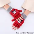Women's red and grey knitted convertible mitten gloves with Christmas elk patterns - Flip Cover Half Finger Elk Style / Red / Adult