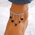 Bohemian silver anklet with sparkling rhinestones and black fringe waterdrop pendants - Black Rhinestone Pendant Style (4234) / Silver