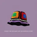 Handmade crochet bucket hat with colorful flower patterns and purple wavy brim details - M (56-58cm) / Checkered Knit Bucket Hat Purple