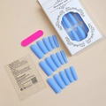 Detail of matte blue long coffin press-on nail kit with pink file and jelly glue set - Matte Sky Blue Long Coffin Style (XB-60-43)