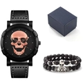 Detail of hip hop men's quartz watch with skull dial and matching lava bead bracelets - Rose Gold + Bracelet + Box