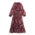 Robe longue bohème à imprimé paisley bordeaux avec manches longues et taille élastique - XS / Rouge Brique