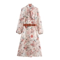 Floral print chiffon midi dress with long sleeves, bow tie neck and brown belt - S / Pink