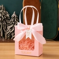 Elegant pink gift bag with transparent window, silk bow, and 'Thank you' gold-stamped tag - Small (14.5x8x16.5cm) / Pink + Thank You Tag + Raffia