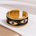 Minimalist 18k gold plated open ring with black enamel and blue evil eye pattern - Adjustable Open / Evil Eye Black (JR312-GD)