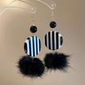 Close-up of vintage resin earrings with black white stripes and soft fur pom-poms - Black White Stripes Black Pom Pom Style (Ear Hook-White-Black)