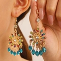 Bohemian gold hollow flower earrings with colorful rhinestones and blue drop beads - KC Gold 7386