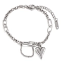 Pulsera con colgante de corazón en acero inoxidable plateado con cadena de eslabones - Pulsera de Cadena Mezclada de Corazón Color Plata (KB149169-KLX)