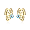 Macro detail of 18K gold butterfly stud earrings featuring zircon and evil eye motifs - Butterfly Wing Evil Eye Style (42113) / Gold