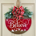 Wooden Christmas door sign with Believe lettering, Santa belt bow and green foliage - Style J (Red Believe)