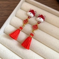 Chinese style pony earrings with red tassels and lucky character in a jewelry box - Silver Pin Red Diamond Tassel Horse