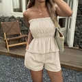 Women's summer beige striped tube top and shorts set in a relaxed vacation style - S / Khaki