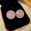 Pink floral stud earrings with round cat-eye stone and crystal border in gold setting - 14K Gold Plated Silver Pin Zirconia Round Resin Ear Clip
