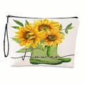 White canvas pouch featuring 3D sunflower and green rain boots print with black handle - Rain Boots Sunflower Style(xy-010-02) / With Wrist Strap