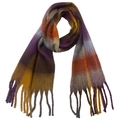Close-up of multicolored plaid scarf featuring bouclé yarn texture and thick fringe tassels - Purple Coffee (09#)