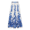 Detail of high-waist A-line maxi skirt with blue floral print and pleated white fabric - One Size / Maxi Skirt