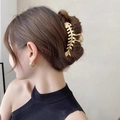 Elegant gold fishbone hair claw clip in matte champagne finish with black bead accents - Creative Fishbone Shape Style / Large / Gold
