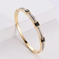 Minimalist square zircon gold-plated stainless steel bangle with black accents for women - Gold