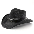 Classic black straw cowboy hat with bull head ornament and vintage studded band for sun protection - M(56-58cm) / Black
