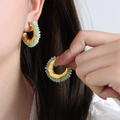 Ethnic gold hoop earrings featuring delicate light green natural stone bead wrapping - Gold-Natural Green Phantom Quartz