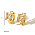 Detail view of gold geometric huggie earrings with zirconia stones and size specs - Rectangular Style (TE6514)
