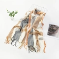 Soft plaid cashmere-like scarf with fringe in orange grey and beige check pattern - Khaki Orange Stripe