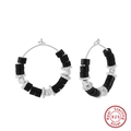 S925 sterling silver hoop earrings with obsidian black and silver beads on white backdrop - Black Metal Bead Hoop - Silver
