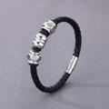 Men's black braided leather bracelet featuring silver metal beads and magnetic clasp - Type B Black Bracelet