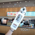 Detail of 900ml white square plastic water bottle with handle and motivational time markers - 30oz / White