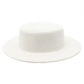 Classic white woven boater hat with a flat top and wide brim for summer beach sun protection - M (56-58cm) / White
