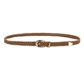 Women's thin dark brown braided belt with gold horseshoe buckle for dresses - Camel / Length 108cm, Width 1.5cm