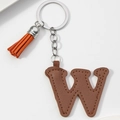 Detail of brown PU leather letter W keychain with orange suede tassel and silver hardware - Brown Orange-Letter W