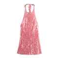 Pink sequin halter backless party dress for women with sparkling reflective finish - XS / Pink