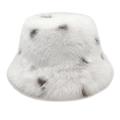 Plush faux fox fur bucket hat for women in white with dark brown spots for winter warmth - M (56-58cm) / White