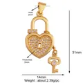 Gold-plated heart lock and key pendant with micro-pave crystals and 31x14mm dimensions - Long Heart Lock and Key / Gold
