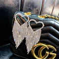 Orecchini a cuore in argento con nappe di cristallo su pelle trapuntata nera - Perno in argento 925 / Stile nappa a cuore / Argento
