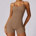 Mocha brown quick-dry bodysuit for yoga featuring slim straps and a low-cut round neckline - M / Mocha Brown