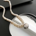 Double-layered white baroque pearl necklace with a polished silver heart pendant - 04-G9 Titanium Steel Natural Heart Pearl Necklace Silver