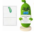Handmade crochet positive cucumber doll with glasses, blue bow and wooden base stand - Gentleman Pickle With Glasses And Base