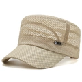 Breathable khaki mesh flat top sun hat for men with adjustable side metal plaque detail - Adjustable / Beige