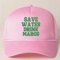 Pink trucker hat with green Save Water Drink Margs text and decorative rope cord - One Size / All Pink