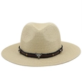 Beige straw fedora hat featuring a vintage bull skull and leather band decoration - M (56-58cm) / Beige