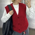 Chaleco de punto rojo para mujer con cuello en V y botones sobre top blanco - S / Burdeos