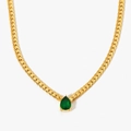 Gold flat curb chain necklace with a pear-cut emerald green gemstone pendant - Gold + Green Zirconia